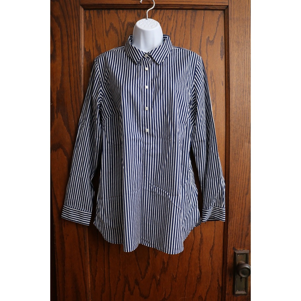 TALBOTS Long Sleeve Shirt Women Size 14 Navy Blue Striped NonIron Popover White
